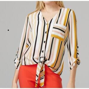Joseph Ribkoff Blouse Women's 12 Striped Tie Front V-Neck Modern Chic Gold White